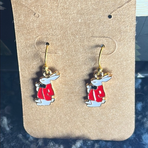 NWT Handcrafted Earrings Classy Rabbit in Red Coat Mad Hatter vibes - Picture 1 of 4